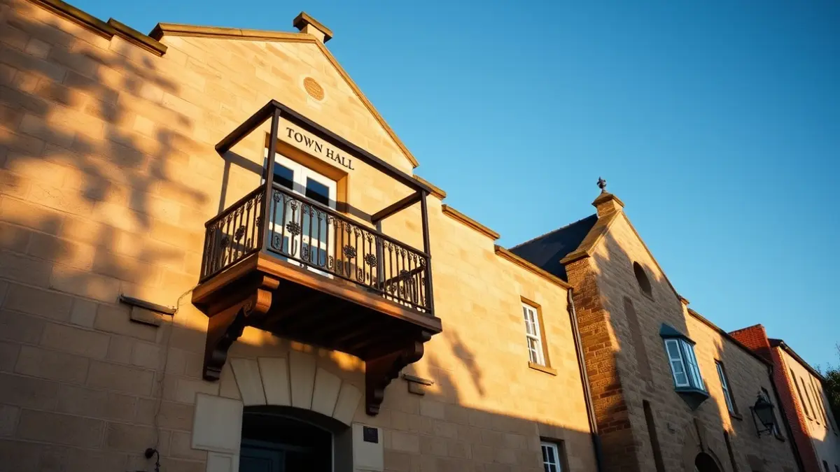 Facade of Riba-roja de Túria Town Hall, with balconies and wrought iron railings, bathed in afternoon sunlight.