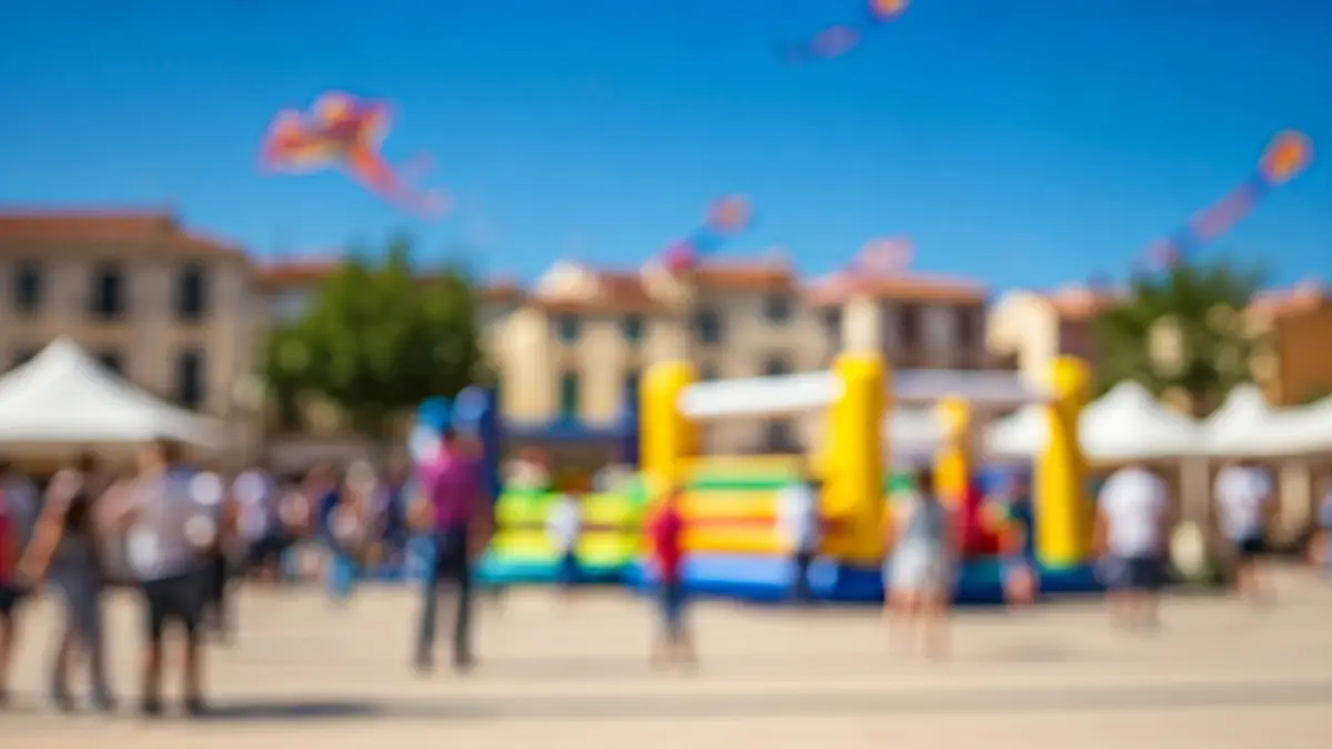 Imagen de un evento familiar al aire libre con juegos hinchables y cometas volando.