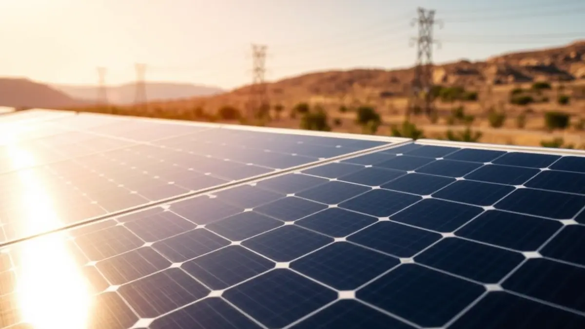 Imatge genèrica d'una instal·lació de plaques solars amb línies elèctriques al fons, sota un cel assolellat.