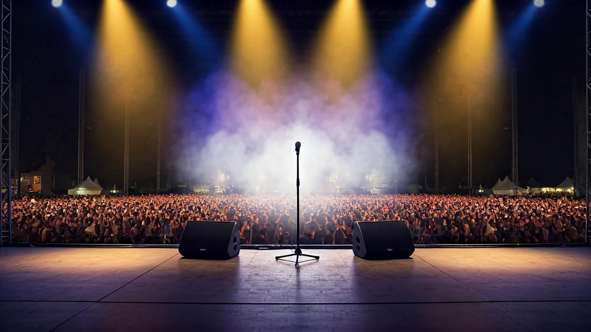Imatge genèrica d'un escenari de festival de música amb llums de colors i públic difuminat.