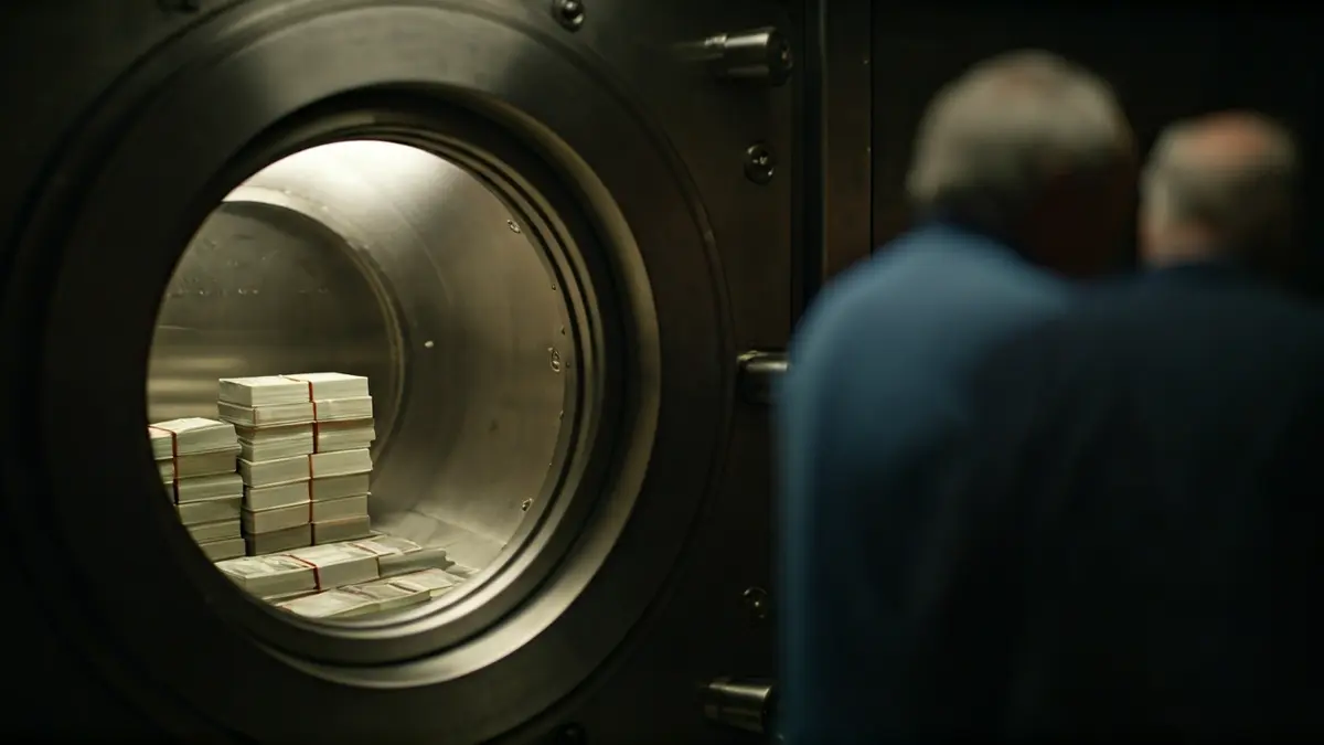Image of an open bank vault with money inside.