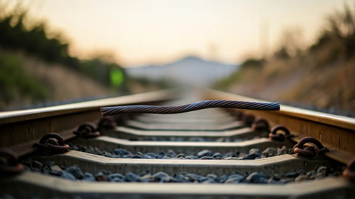 Imagen de una vía de tren con cableado de cobre robado, con el paisaje rural valenciano de fondo.