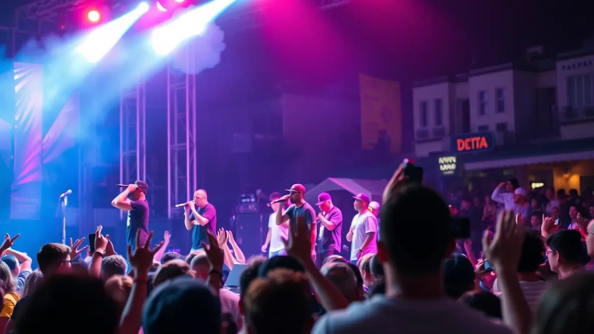 Image of a hip-hop concert with artists on stage and a crowd, with dynamic lighting and an urban festival atmosphere.