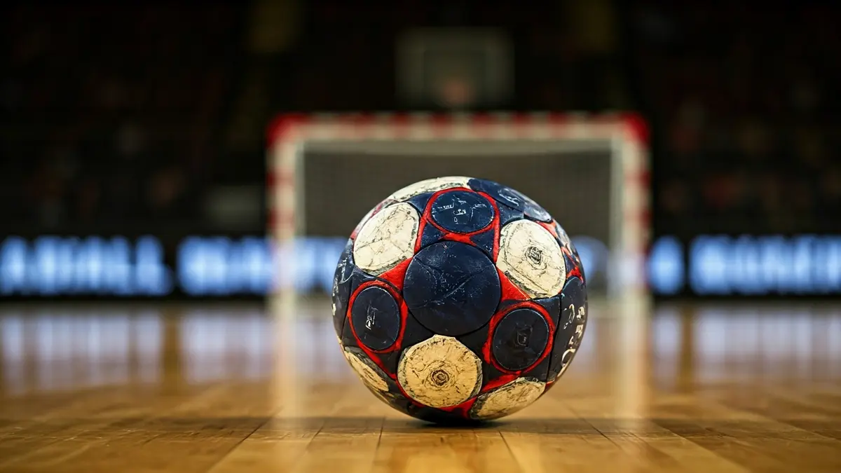 Imatge genèrica d'una pilota d'handbol sobre una pista de fusta.