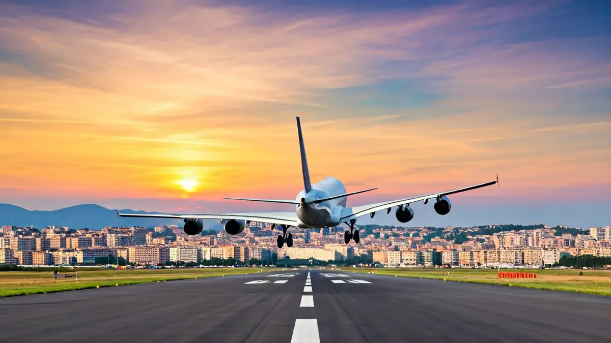 Generic image of an airplane taking off at sunset with a Mediterranean city in the background.