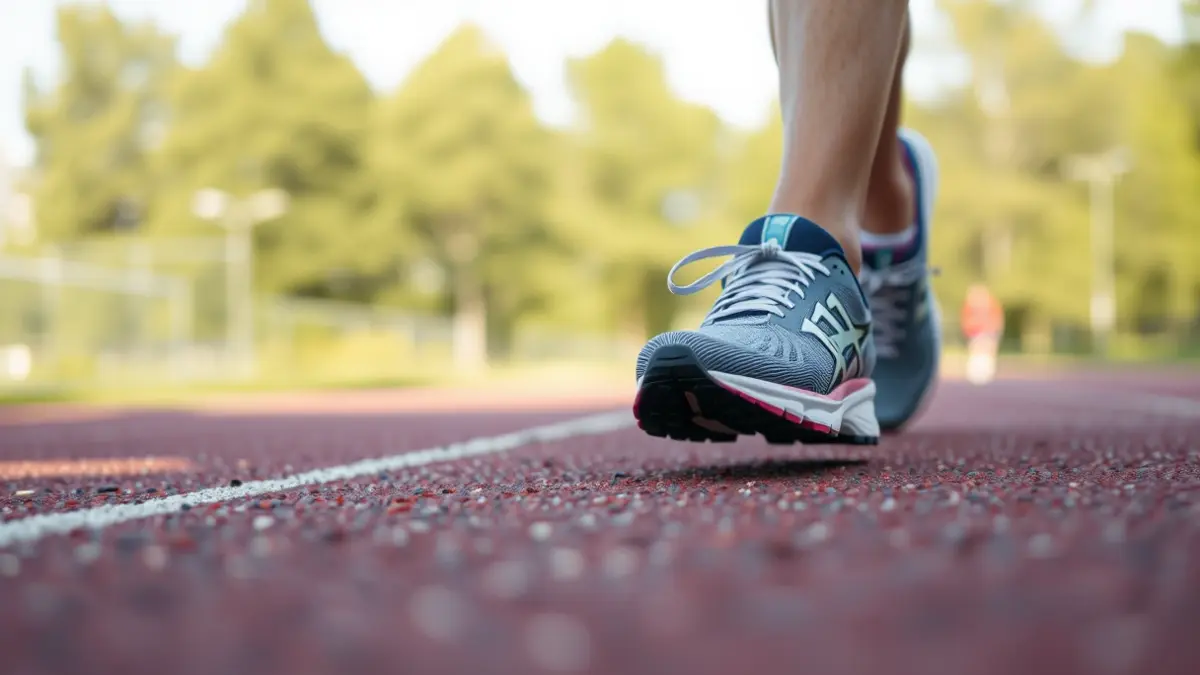 Imagen genérica de unas zapatillas de correr en una pista de asfalto, con árboles verdes y cielo soleado de fondo.