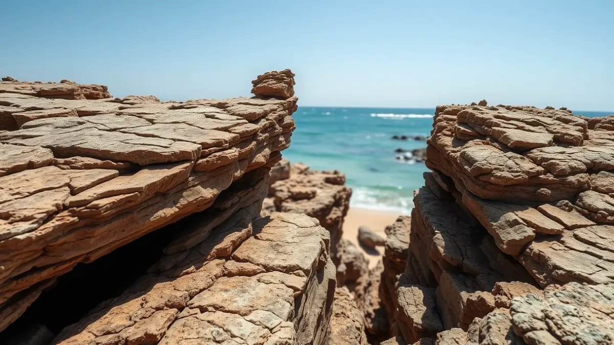 Imagen de una ruta geológica en la costa de Torrevieja, con formaciones rocosas y la laguna de La Mata al fondo.