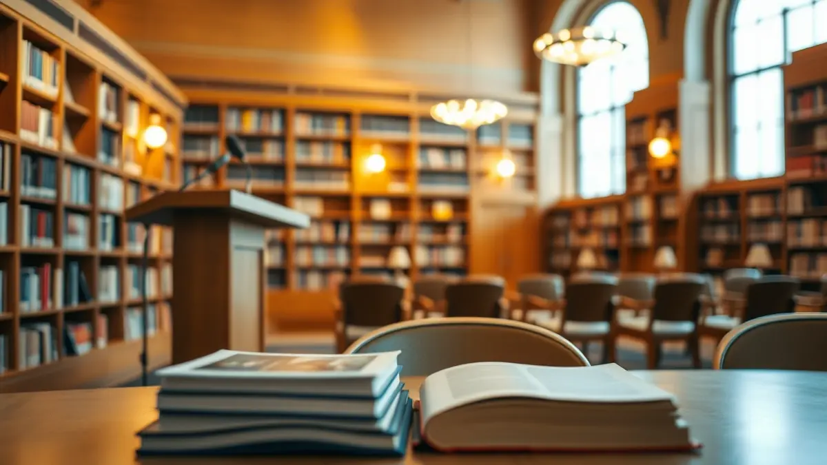 Generic image of a reading room with books and a microphone, evoking a literary atmosphere.