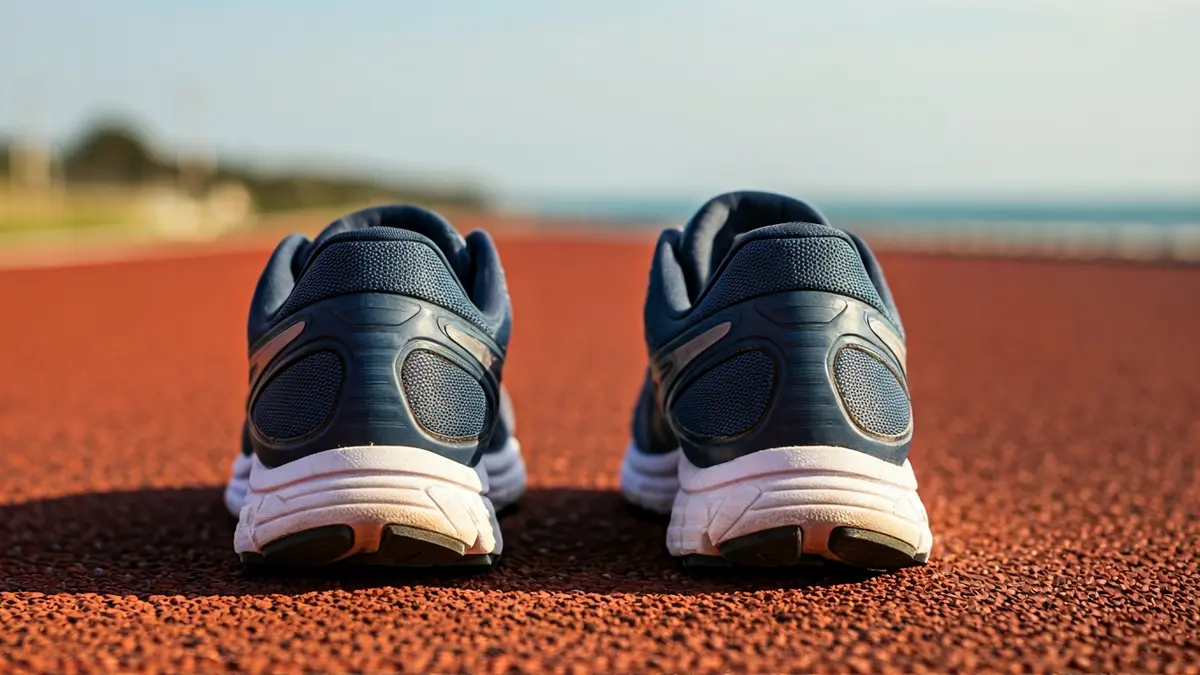 Imatge genèrica de sabatilles de running en una pista d'atletisme amb la costa de fons.