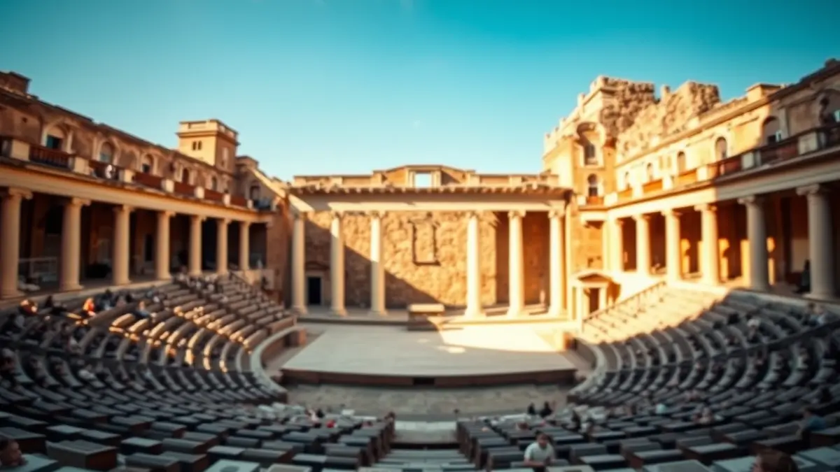 Imatge d'un teatre romà antic amb l'escenari buit i seients desenfocats.
