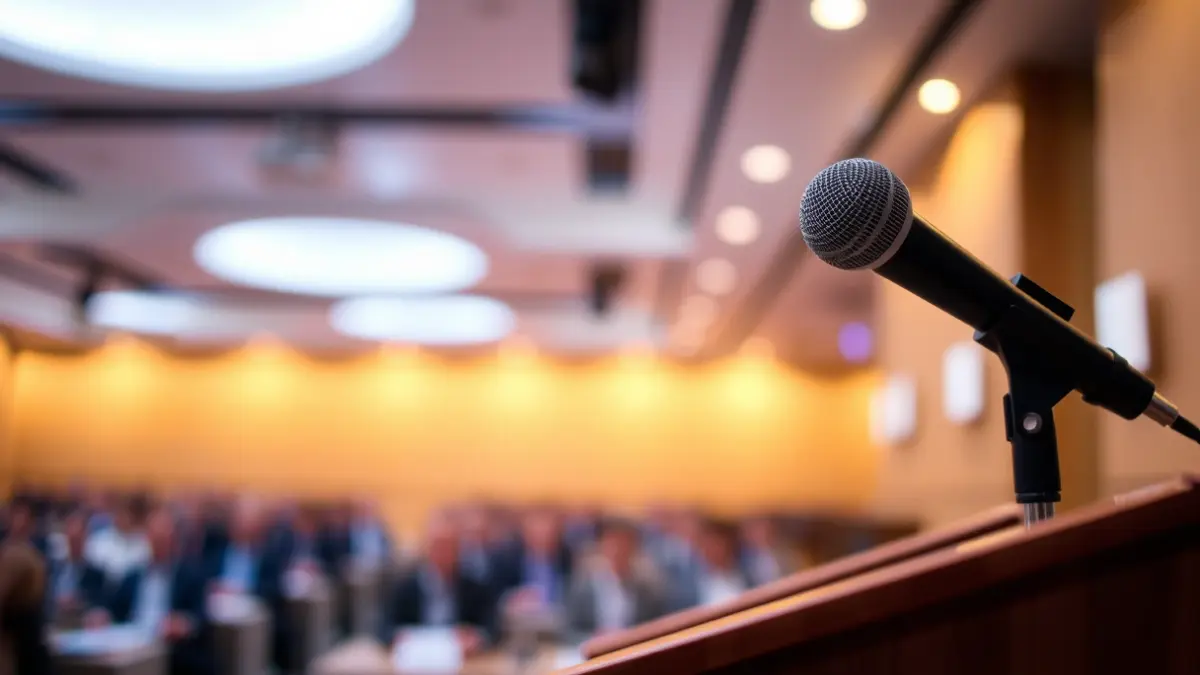 Imagen genérica de un micrófono en un atril, con personas borrosas al fondo, simbolizando una jornada o conferencia.