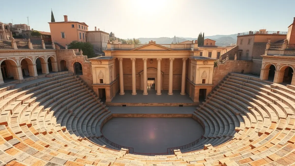 Imatge del Teatre Romà de Sagunt, amb la llum del sol de la vesprada il·luminant l'escenari de pedra.