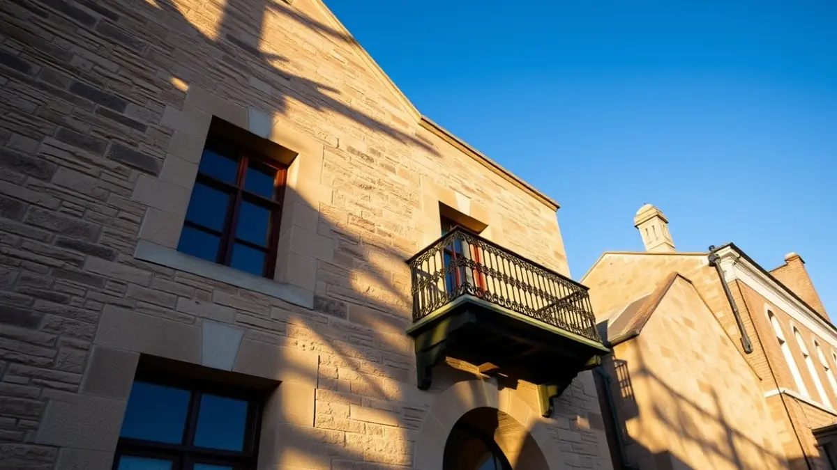 Fachada del Ayuntamiento de Sagunto con balcón y barandillas de hierro, bañada por la luz del sol de la tarde.