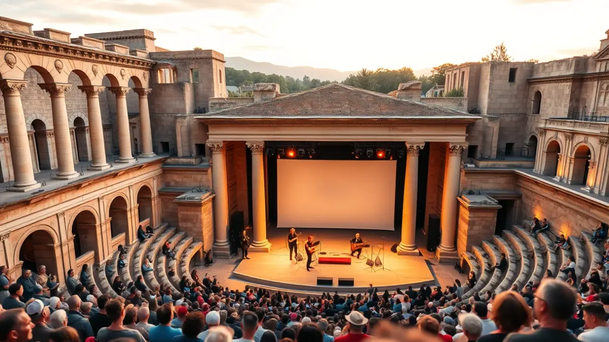 Imagen de un teatro romano antiguo con una puesta en escena moderna para un evento cultural.