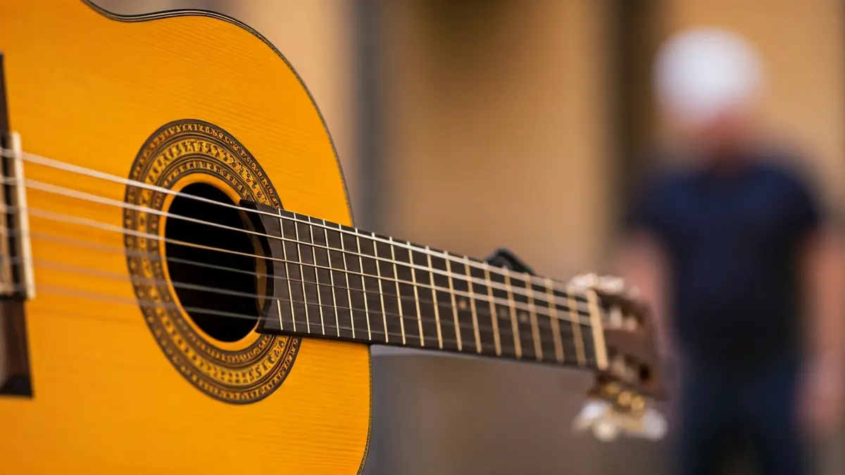 Generic image of a Spanish guitar, with details of the soundhole and strings, warmly lit.
