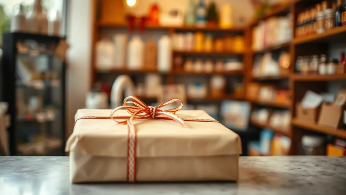 Generic image of a gift-wrapped present in a local shop, with blurred products in the background.