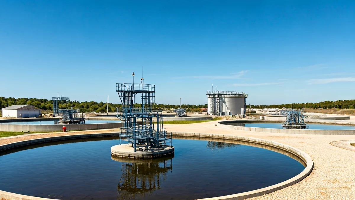 Imatge genèrica d'una planta de tractament d'aigües residuals amb tancs i canonades.