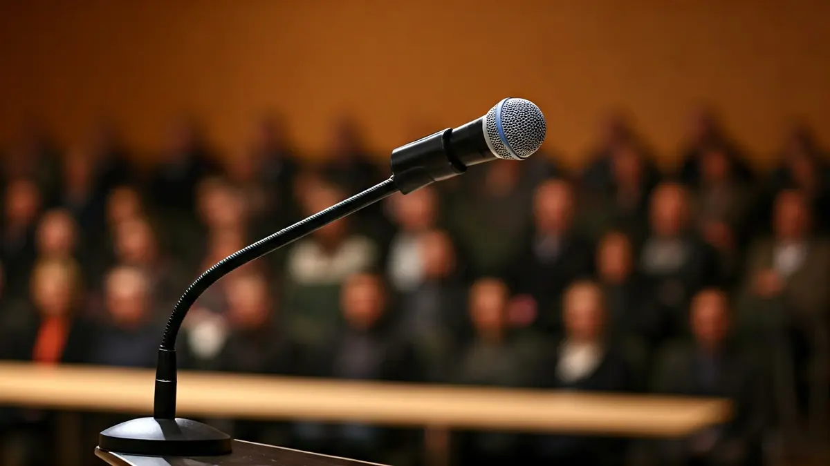 Generic image of a microphone on a podium, suggesting a public talk or debate.