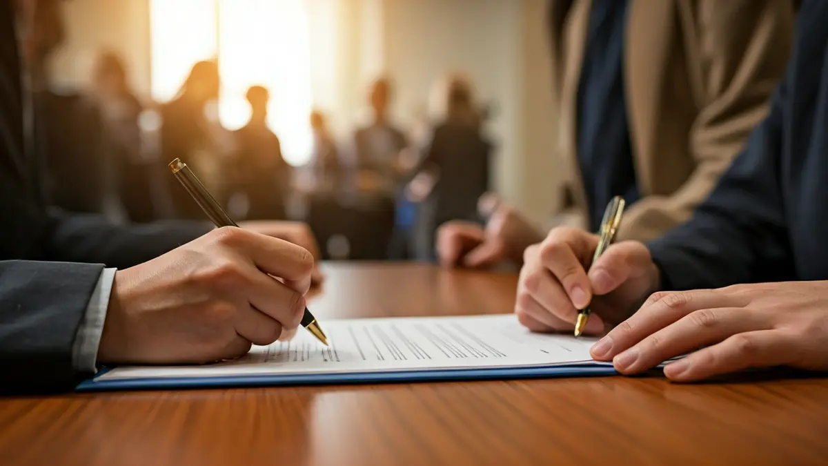 Imatge genèrica de mans firmant documents oficials en una oficina.