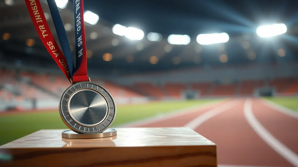 Imagen genérica de medallas de plata y bronce en un podio, con una pista de atletismo desenfocada al fondo.