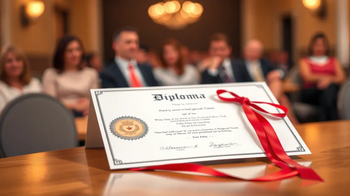 Generic image of a diploma with a red ribbon, on a wooden table, with blurred figures of people in the background.