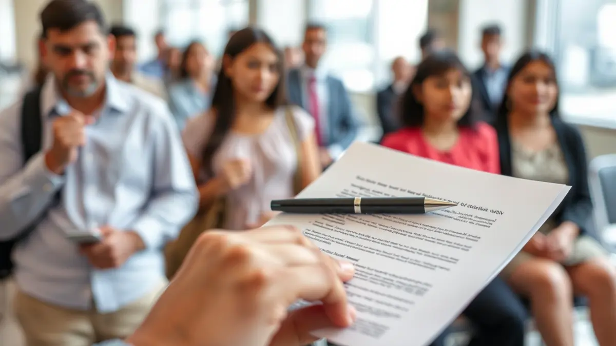 Generic image of a hand holding a document, with people in the background, symbolizing bureaucratic procedures.