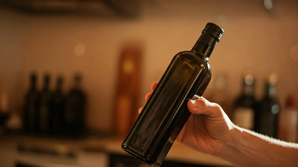 Imatge genèrica d'una mà sostenint una ampolla d'oli d'oliva en una cuina mediterrània.