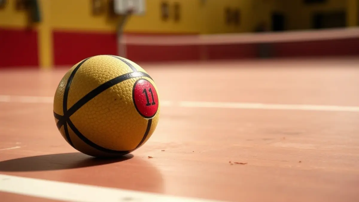 Imagen de una pelota de vaqueta en un trinquet, con las líneas de juego difuminadas al fondo.