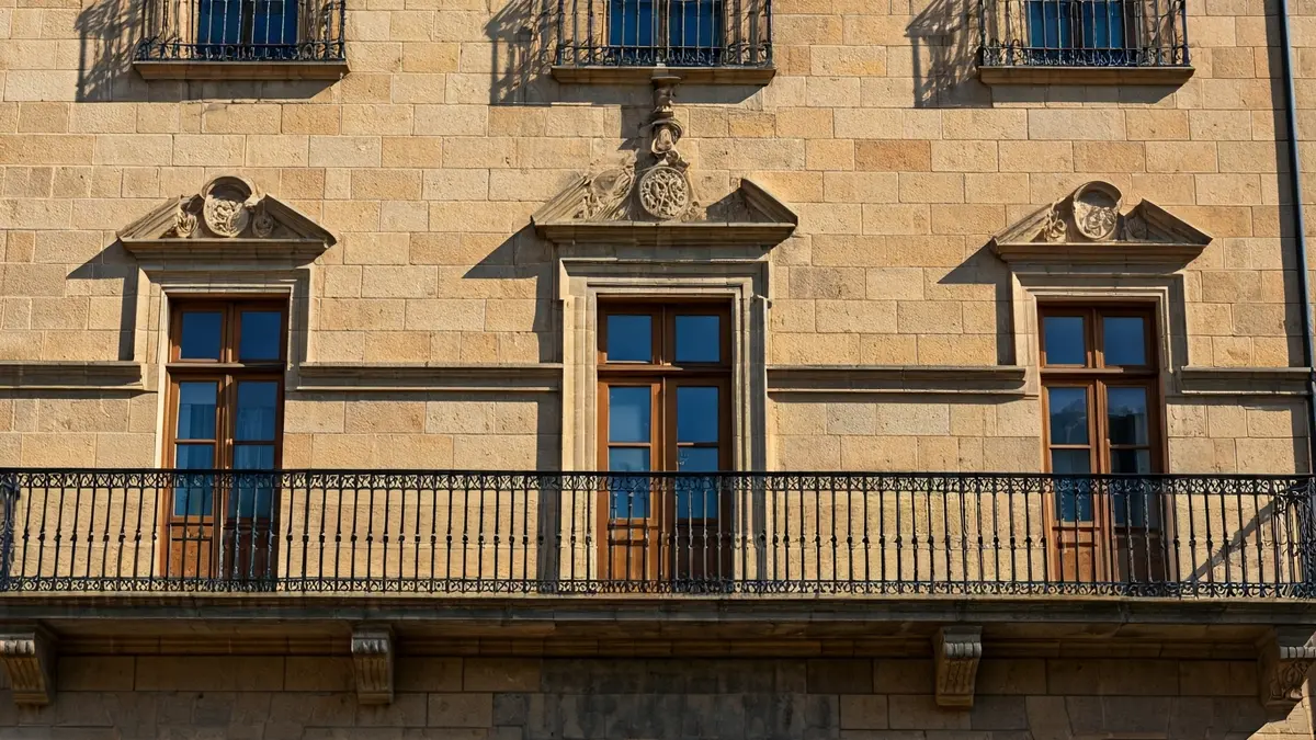 Facade of San Antonio de Benagéber town hall with balcony and iron railings