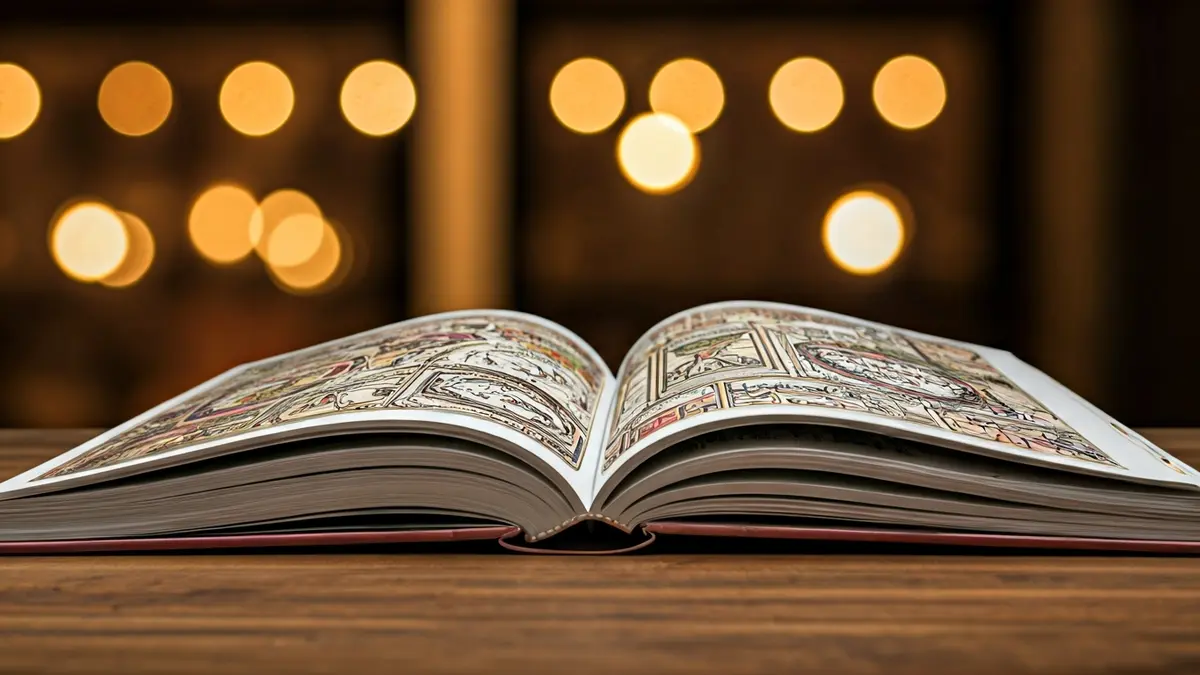 Imagen genérica de una novela gráfica abierta sobre una mesa de madera.