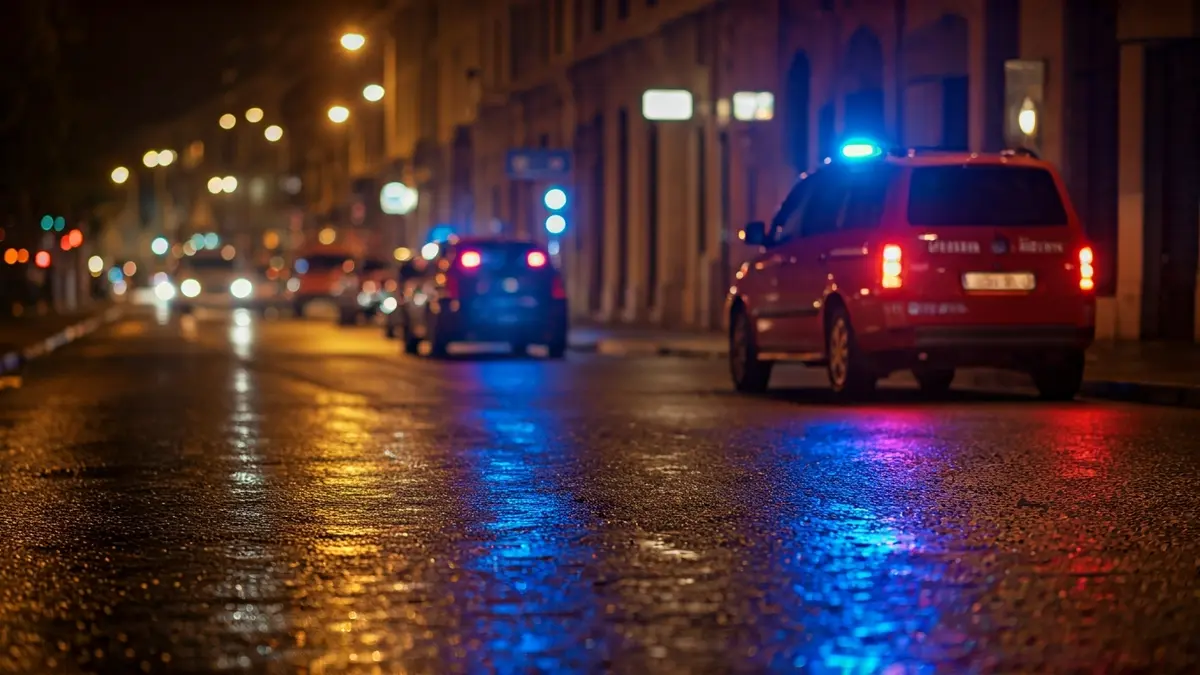 Imagen genérica de luces de emergencia reflejándose sobre asfalto mojado.