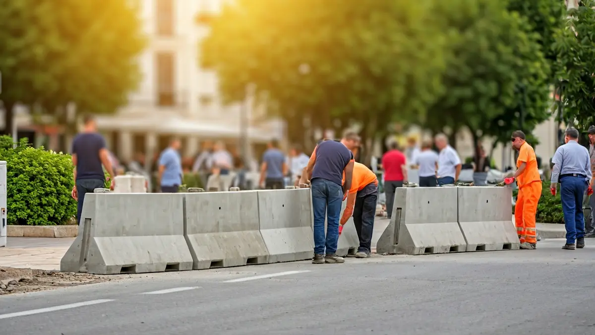 Image of workers installing security barriers on a street in Sant Joan d'Alacant.