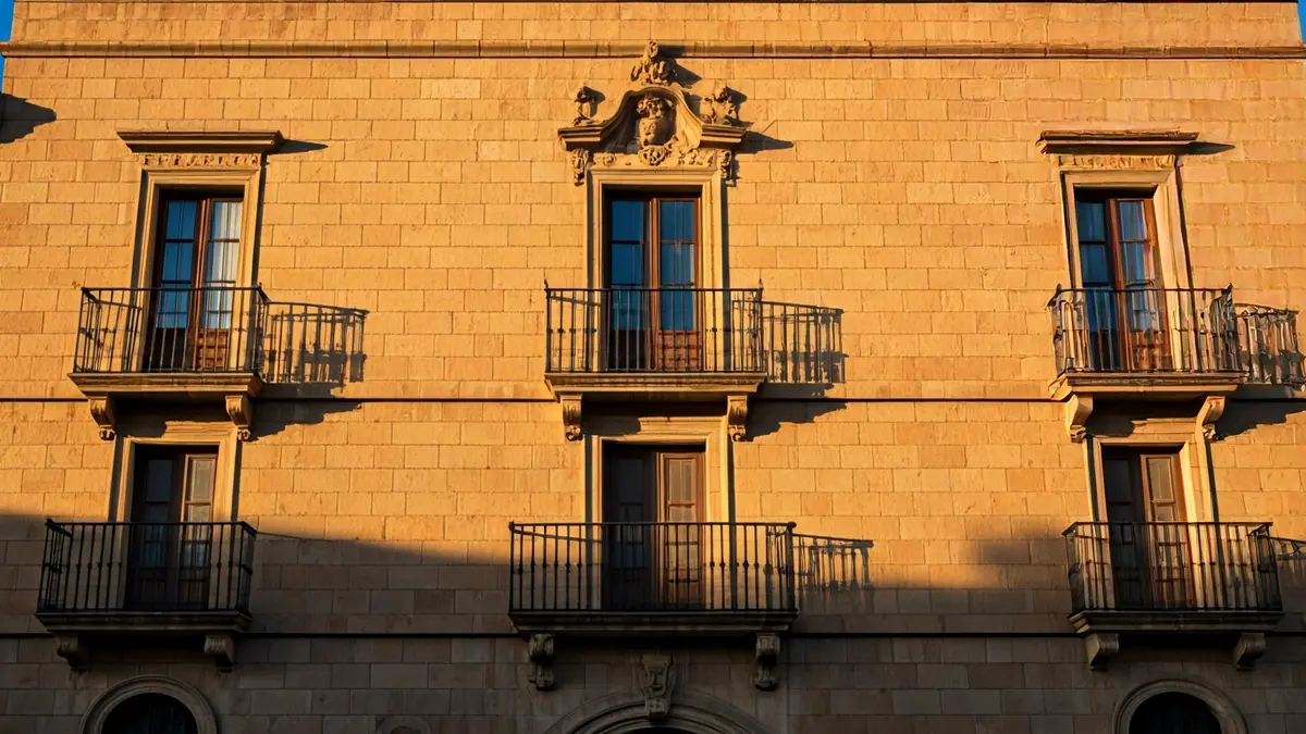 Façana de l'ajuntament de Sant Jordi amb balcó i baranes de ferro, banyada per la llum del sol de la vesprada.