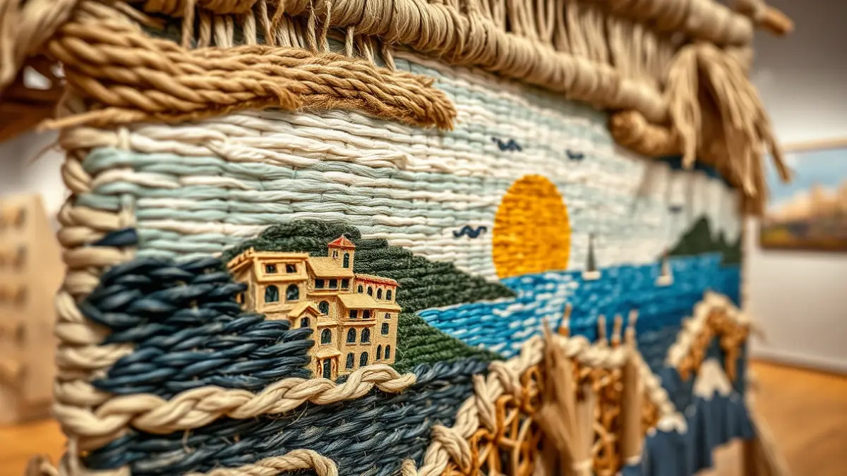 Image of a textile artwork depicting a Mediterranean landscape, exhibited in a museum hall.