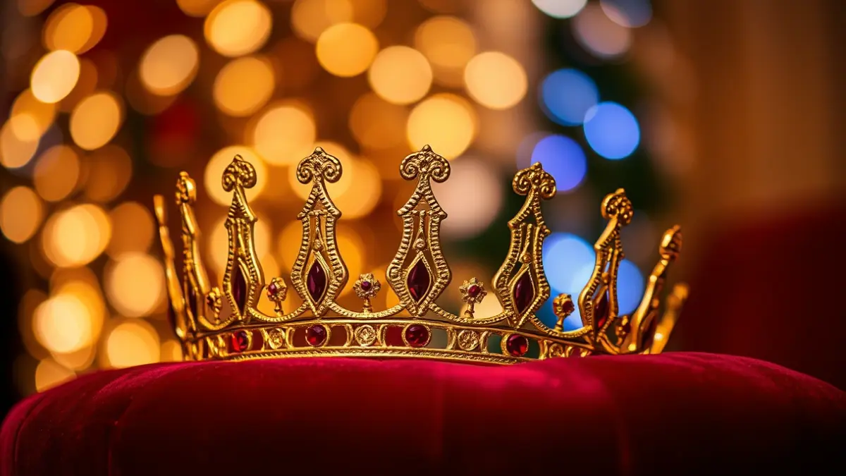 Imagen genérica de una corona dorada sobre un cojín de terciopelo, con luces festivas desenfocadas al fondo.