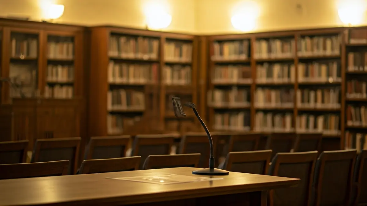 Imatge genèrica d'un interior de biblioteca amb prestatgeries de fusta i un podi amb micròfon, amb una il·luminació càlida.