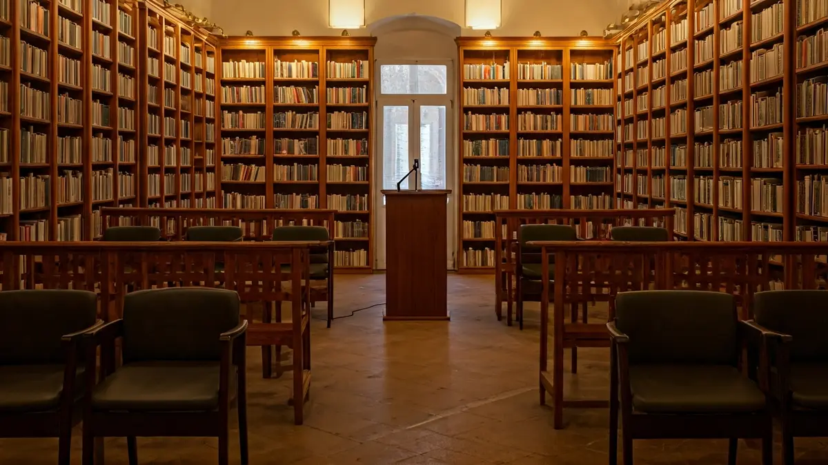 Imatge genèrica d'una llibreria amb prestatgeries de fusta i un faristol amb micròfon, amb una il·luminació càlida.