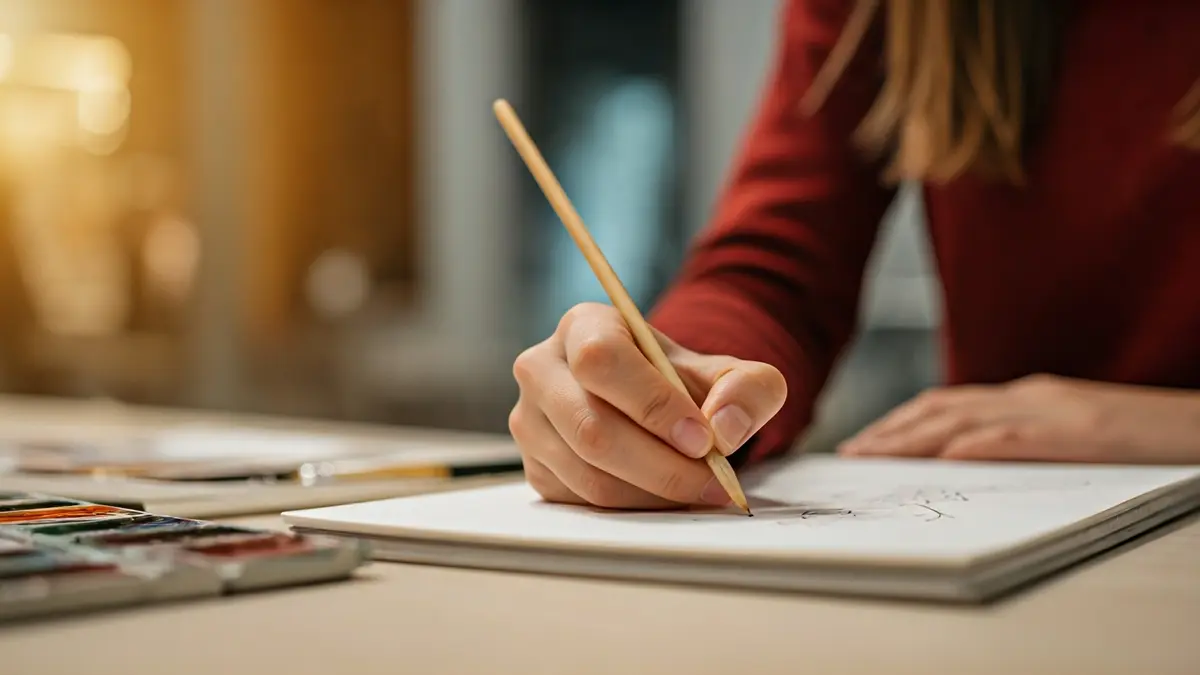 Imatge genèrica d'unes mans dibuixant en un quadern, rodejades de material artístic.