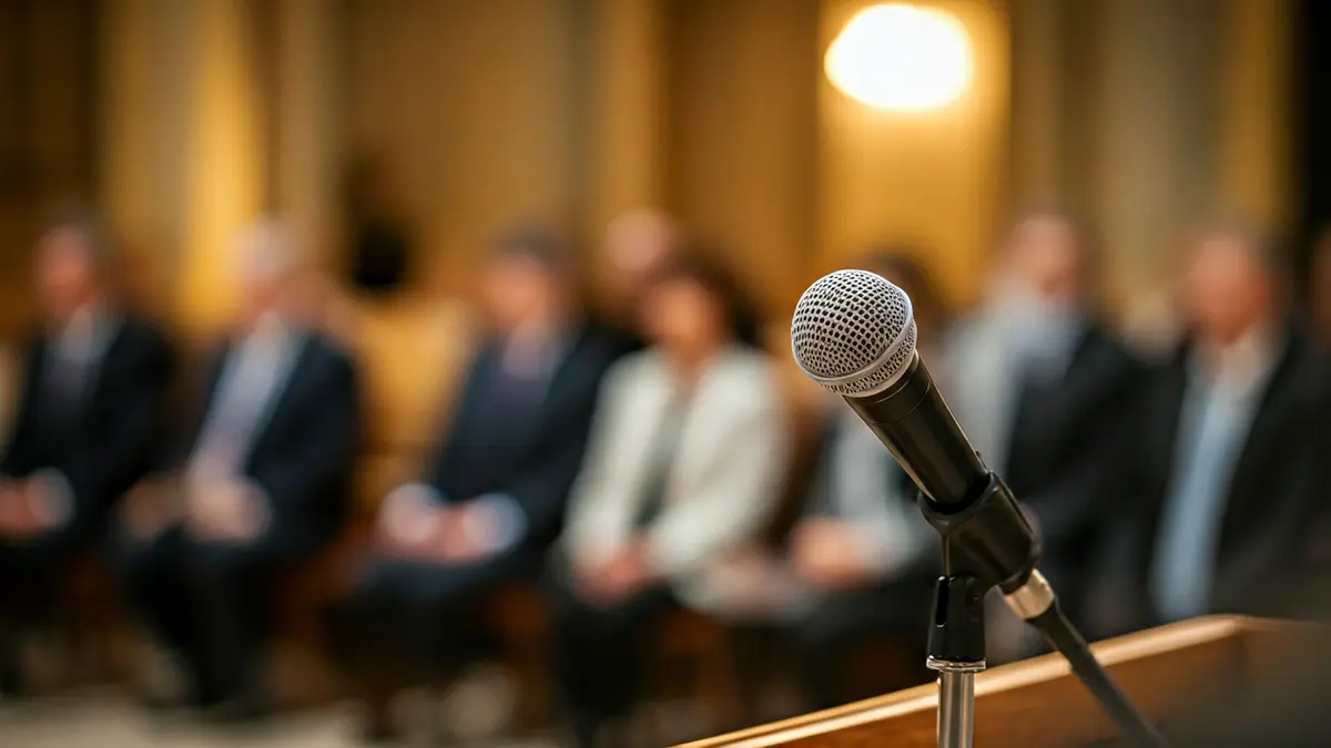 Imatge genèrica d'un micròfon en un podi, amb figures borroses al fons, suggerint una assemblea religiosa o política.