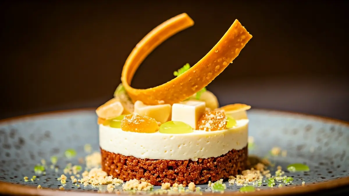 Image of an arnadí mousse with monjàvena pudding, almond earth, lime gel, and almond tile.