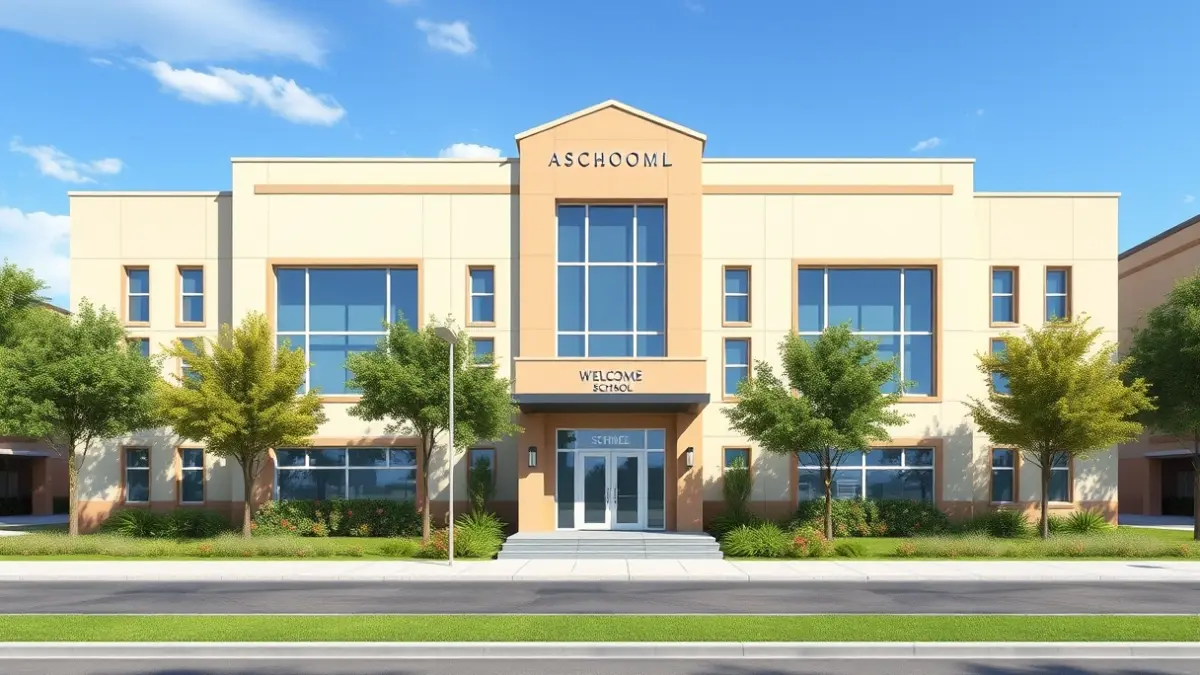 Imagen de un edificio escolar moderno con grandes ventanas y un entorno verde, en un ambiente urbano mediterráneo.