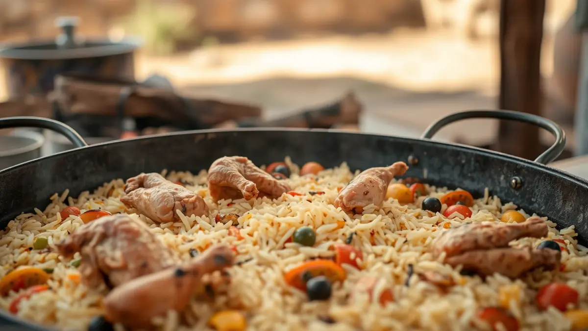 Imatge genèrica d'una paella valenciana cuinant-se a l'aire lliure.