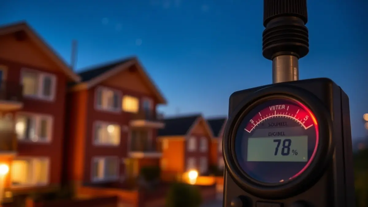Generic image of a sound level meter showing high decibels, with blurred residential buildings in the background, symbolizing noise pollution.