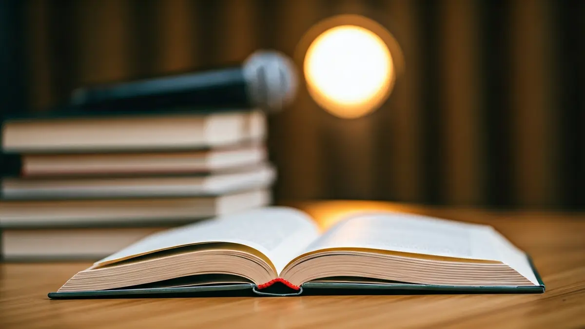 Imagen genérica de una pila de libros en una mesa de madera con un micrófono al fondo, sugiriendo una presentación o debate.