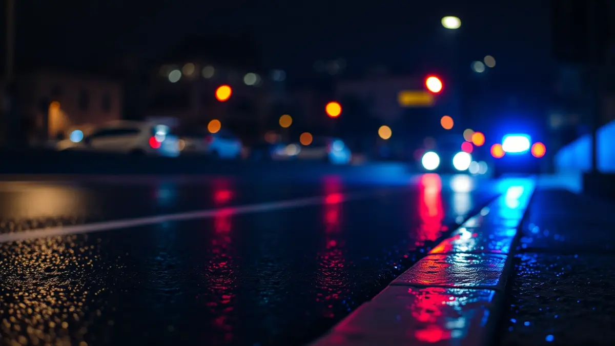 Generic image of emergency lights reflecting on wet asphalt at night, with a blurred Mediterranean urban background.