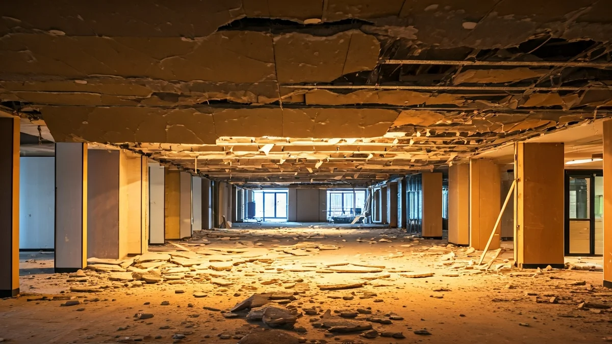 Image of a collapsed plasterboard ceiling with debris on the floor.
