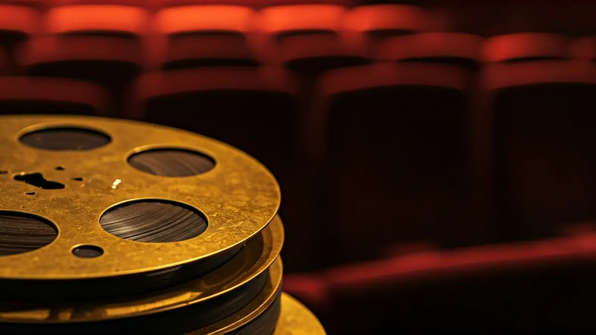 Imatge genèrica d'un rodet de pel·lícula daurat amb seients de cinema desenfocats al fons.