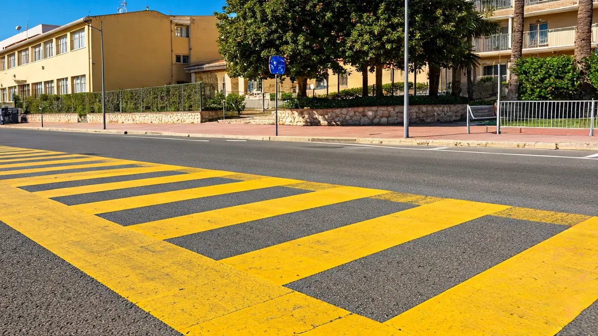 Senyalització viària amb colors groc i blanc en un entorn escolar