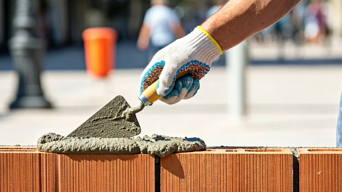 Generic image of a construction worker's hands applying mortar to bricks.
