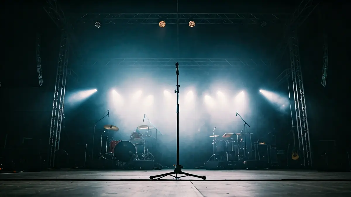 Generic image of a concert stage with dynamic lighting and an empty microphone.